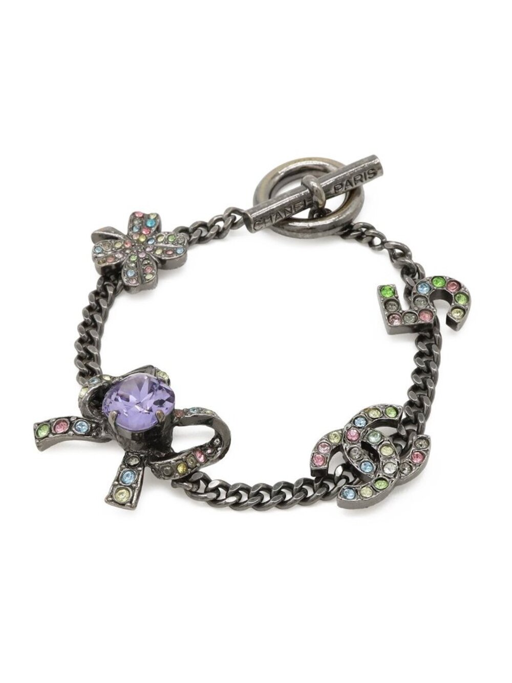 Chanel Number 5 Ribbon CC Logo Clover Bracelet Curve Chain Metal Crystal